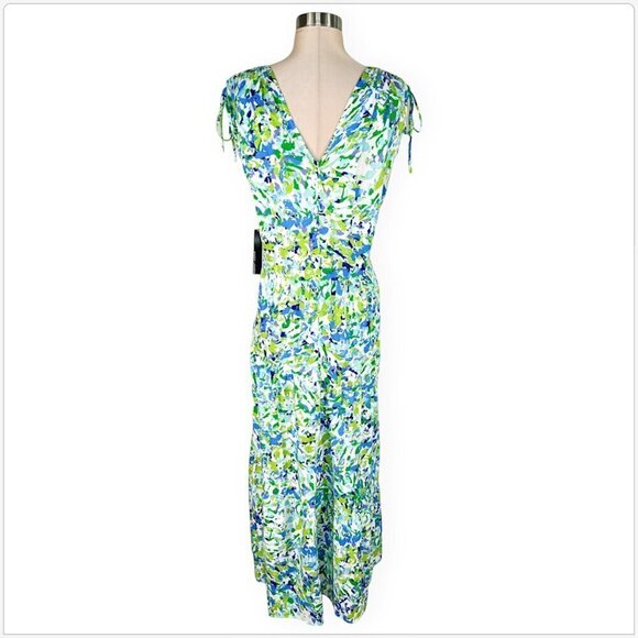Maggy London White Aqua Floral Print Maxi Shoulder Gather Dress NEW NWT 18 - Picture 4 of 5